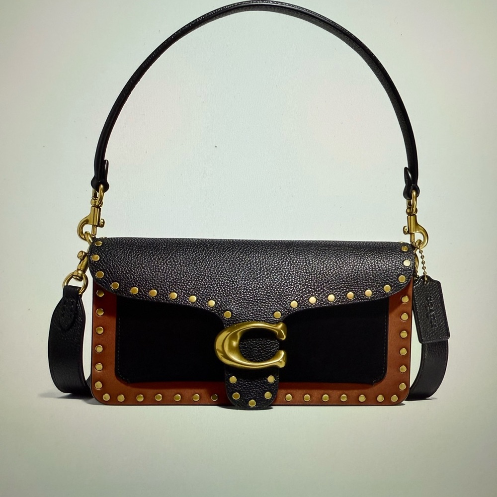 Coach Black and Tan suede and leather Studded Shoulder Bag